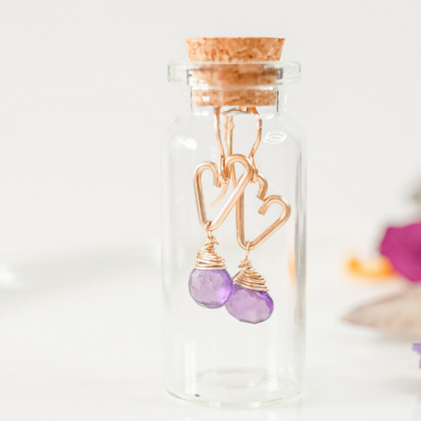 Heart Drop Bottle Earrings - Rose Quartz - Small
