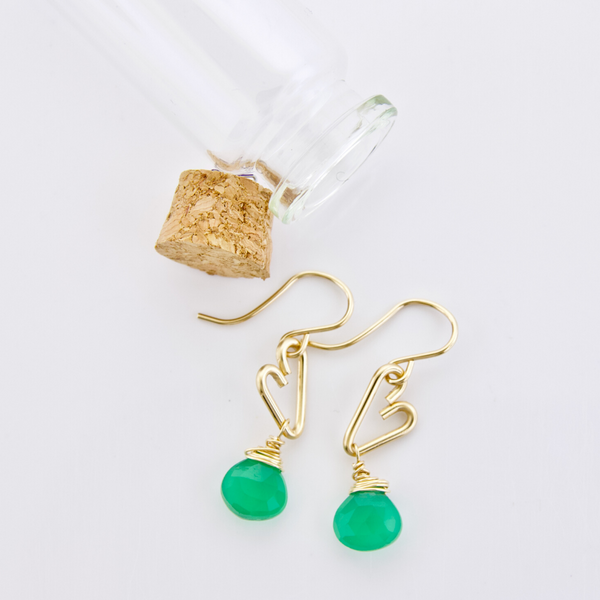 Heart Drop Bottle Earrings - Green Onyx - Small