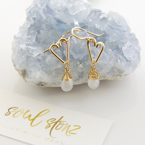 Heart Drop Bottle Earrings - Rainbow Moonstone -Small