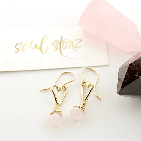 Heart Drop Bottle Earrings - Rose Quartz - Small