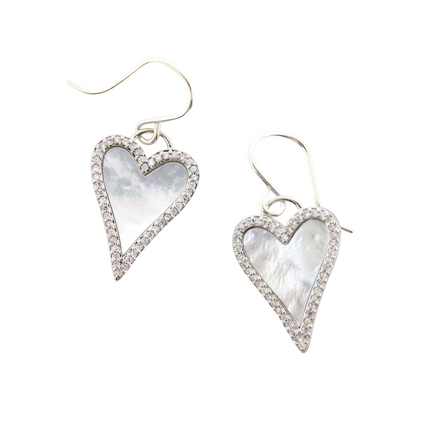 Mother of Pearl & CZ Heart Earrings - SIlver Tone