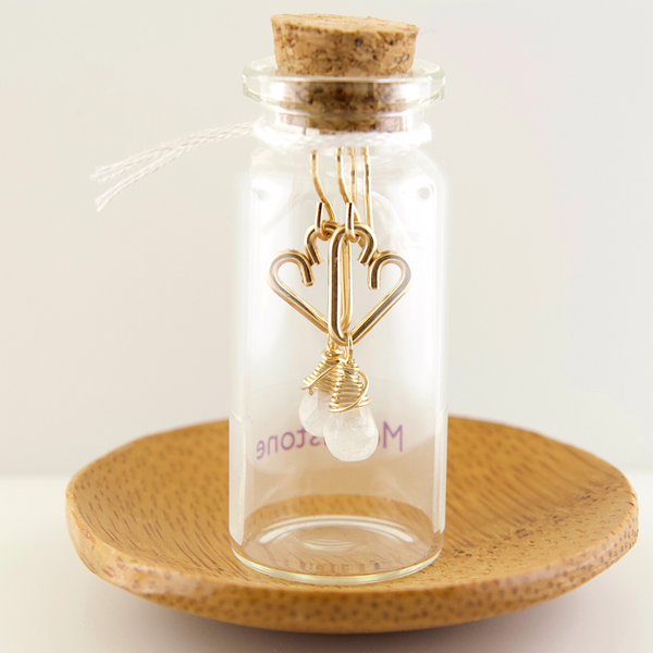 Heart Drop Bottle Earrings - Rainbow Moonstone -Small