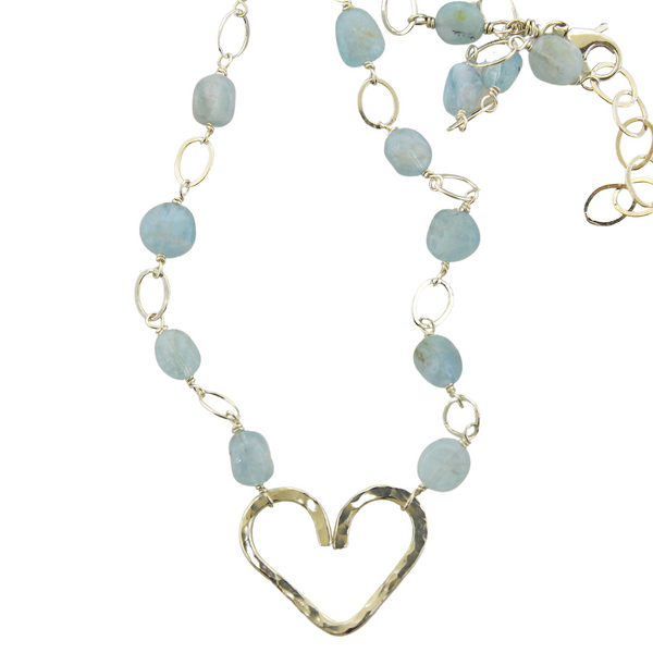 Hammered Heart Aquamarine Beading & SIlver Links Necklace