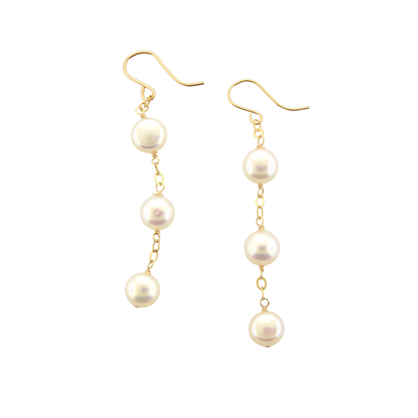 Button Pearl Earrings - Triple Drops - Gold Filled