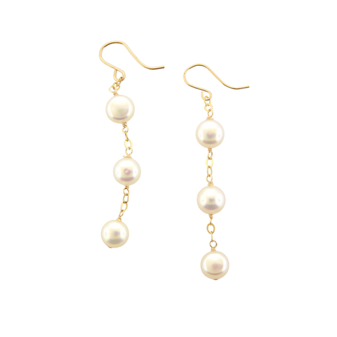 Button Pearl Earrings - Triple Drops - Gold Filled