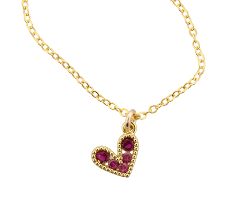 CZ Sparkle Off Set Heart Necklace - Fushia
