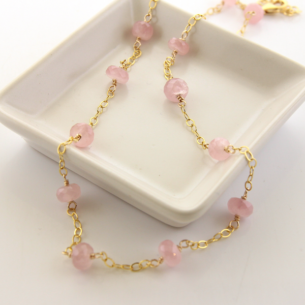 Capri - Rose Quartz Beaded Chain Necklace 14K Gold-filled