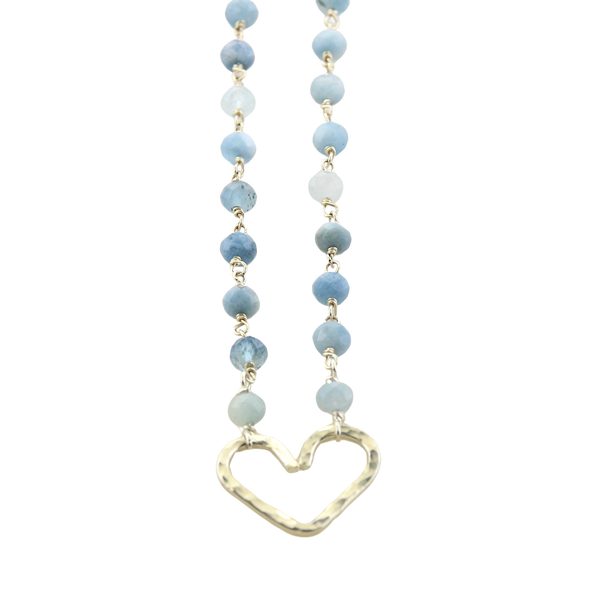 Hammered Heart Aquamarine Beading Necklace