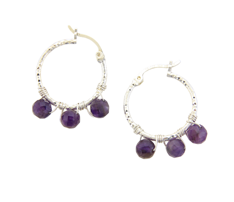 Wrapped Silver Hoops - Amethyst