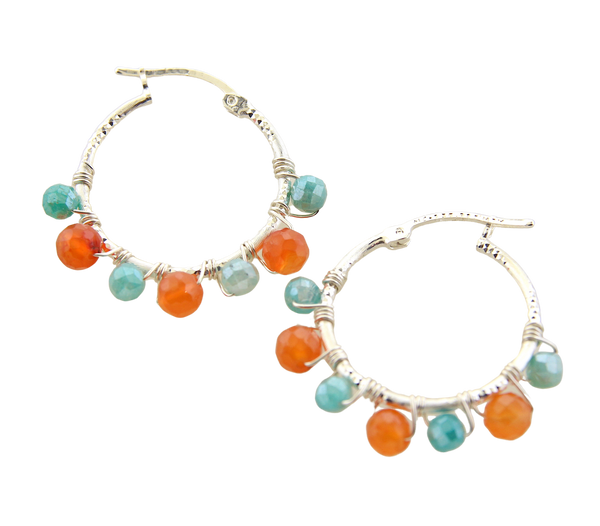 Wrapped Silver Hoops - Carnelian & Amazonite Large