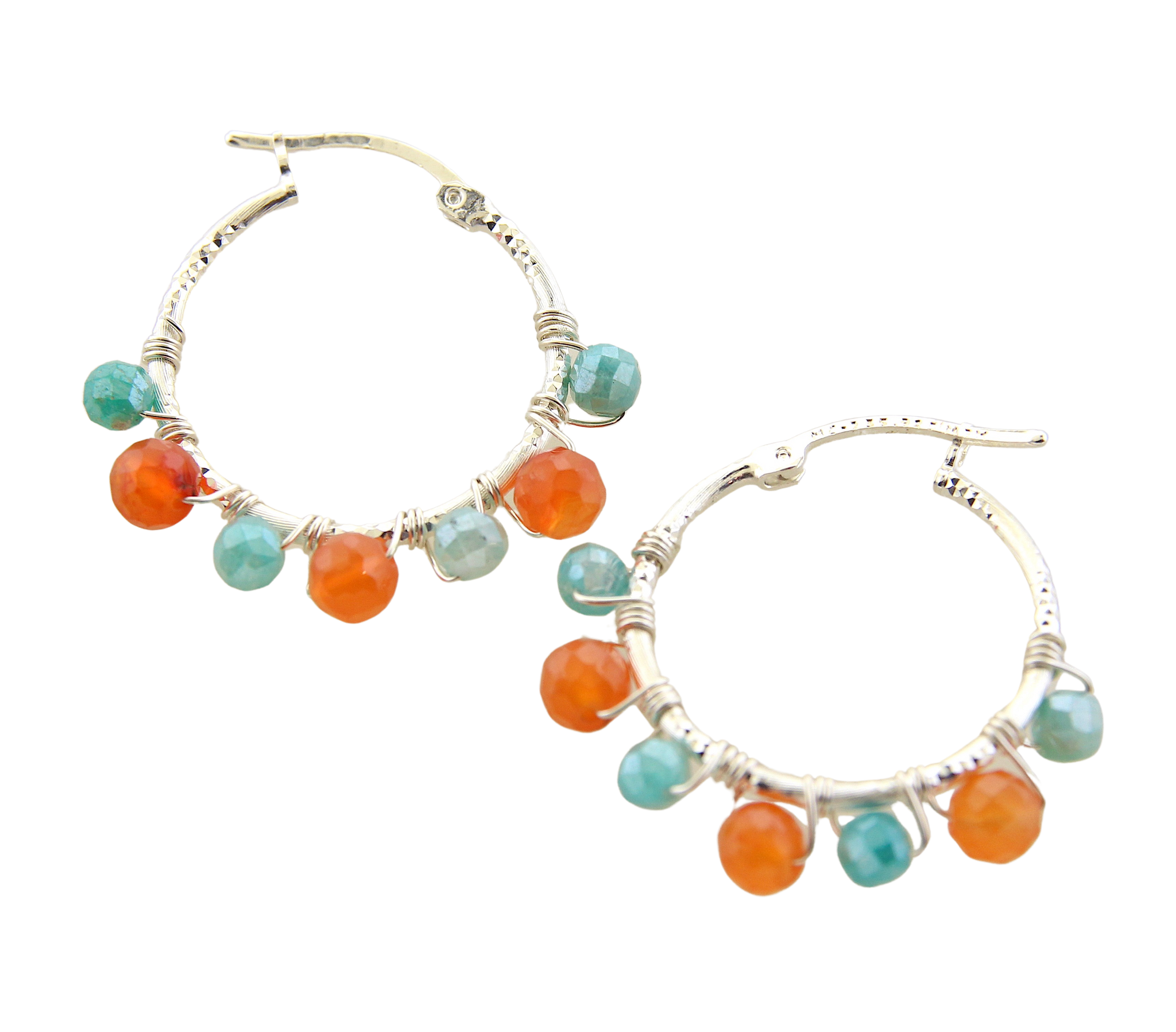 Wrapped Silver Hoops - Carnelian & Amazonite Large