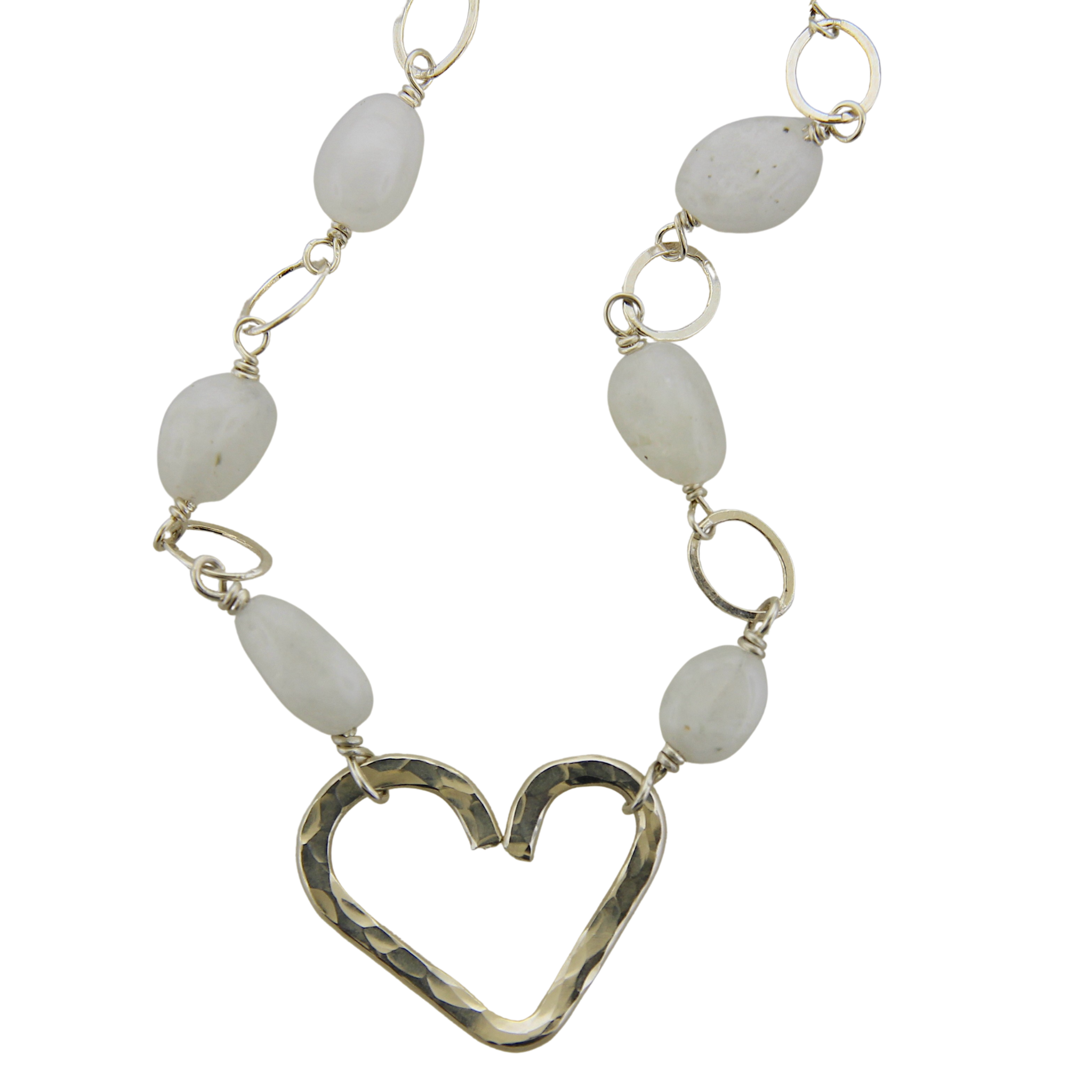 Hammered Heart with Rainbow Moonstone Beading & SIlver Links