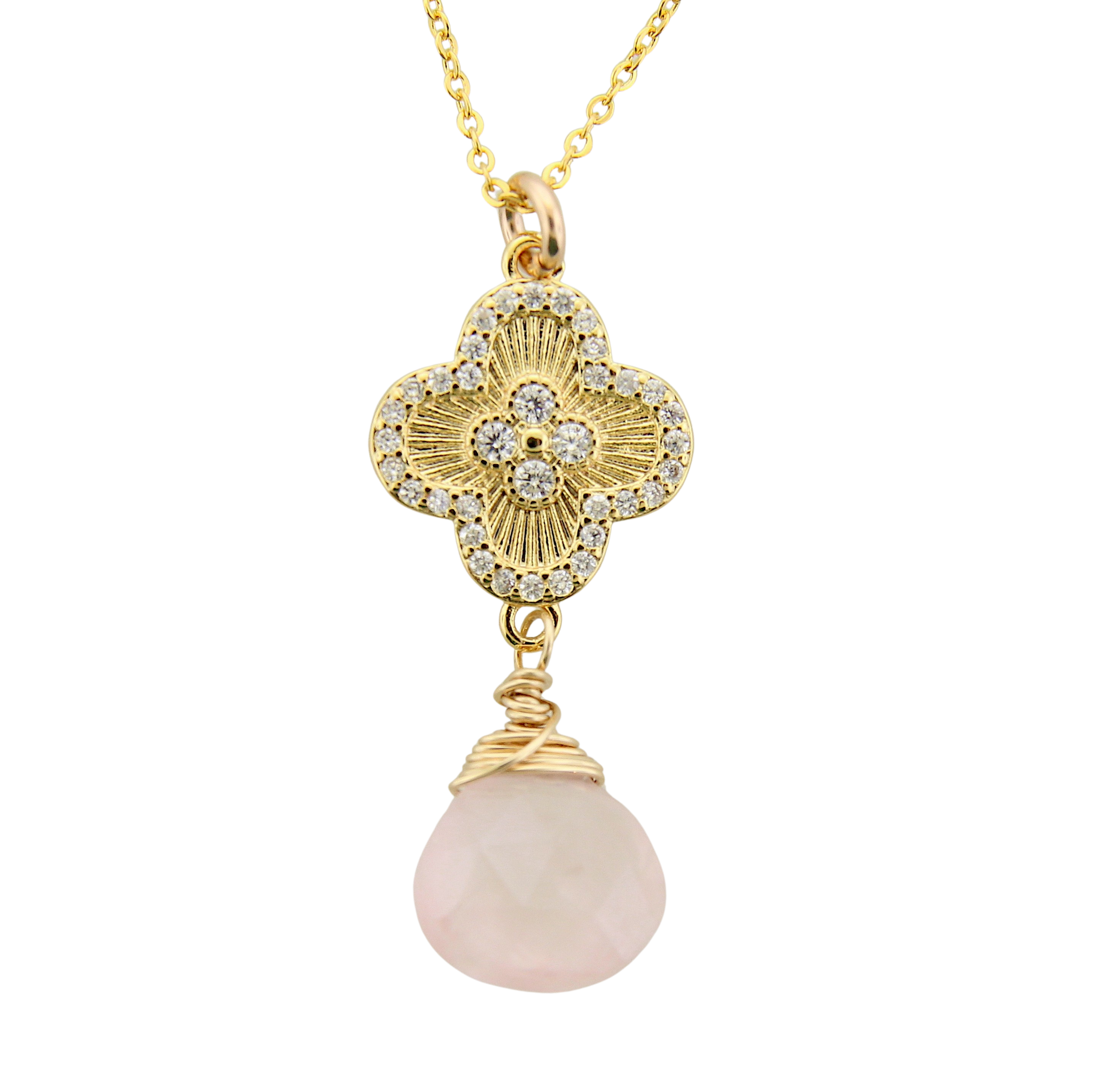 Rose Quartz & Quatrefoil CZ Necklace