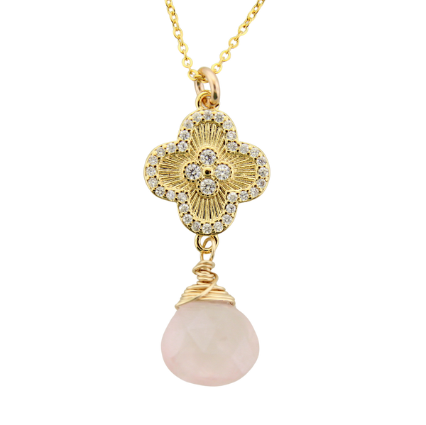 Rose Quartz & Quatrefoil CZ Necklace