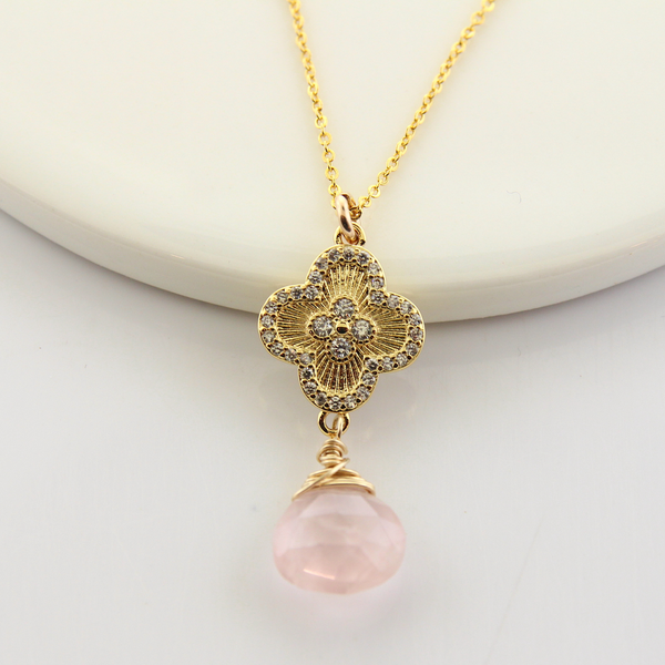 Rose Quartz & Quatrefoil CZ Necklace