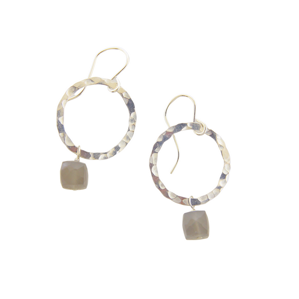 Hammered Silver Circle Earrings - Medium- Labradorite Cubes