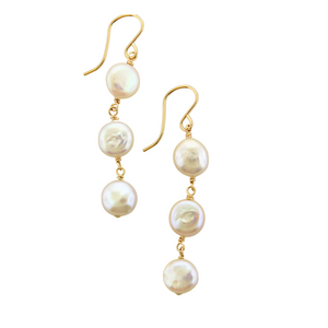 Coin Pearl Earrings - Triple Drops - Gold Filled