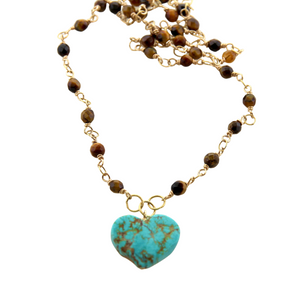 Turquoise Heart with Tigers Eye Beading Necklace