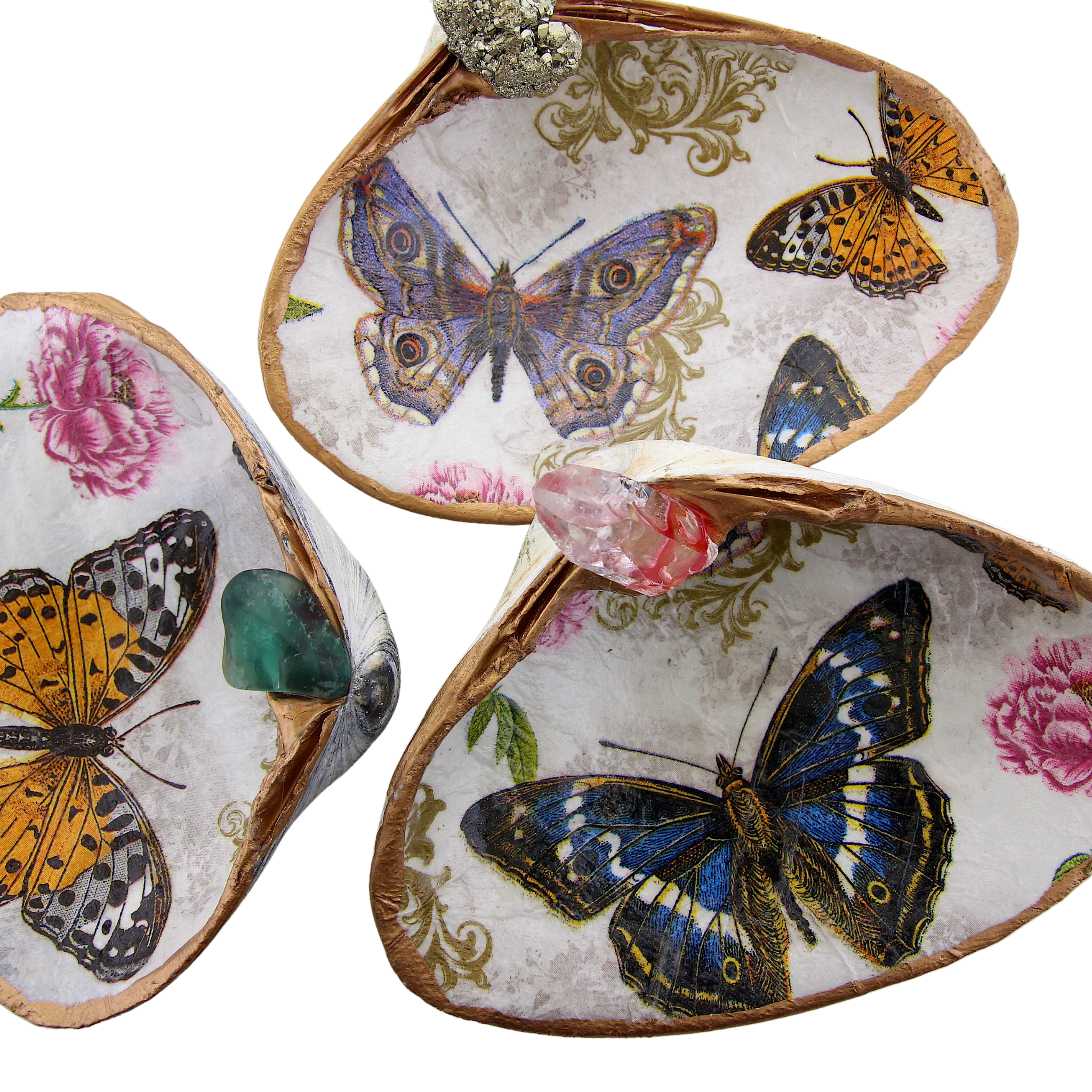 Multi-Colored Butterfly Clam Shell Trinket Dishes - Assorted Crystals