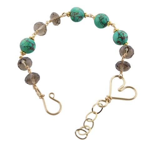 Heart Clasp Bracelet - Smokey Quartz & Turquoise