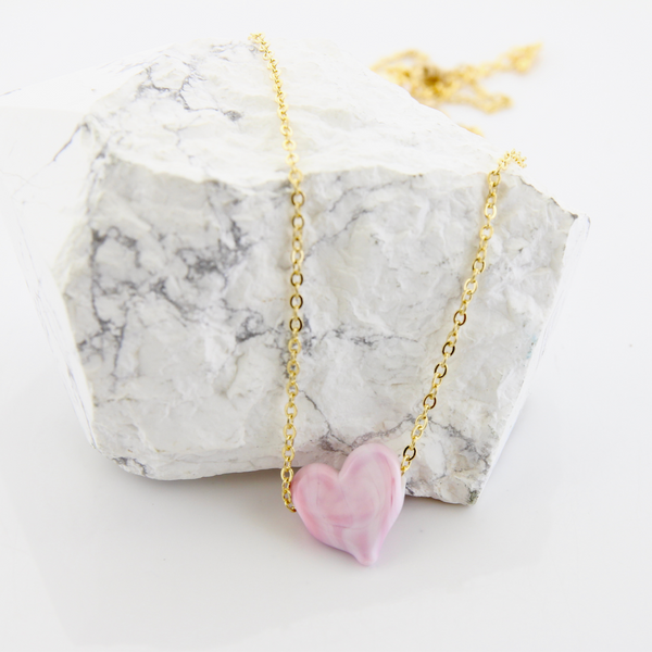 Murano Glass Heart Necklace - Pink