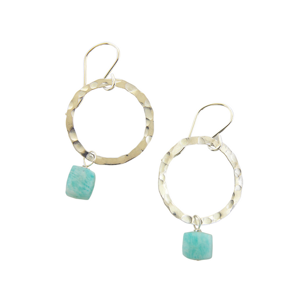 Hammered Silver Circle Earrings - Amazonite Small