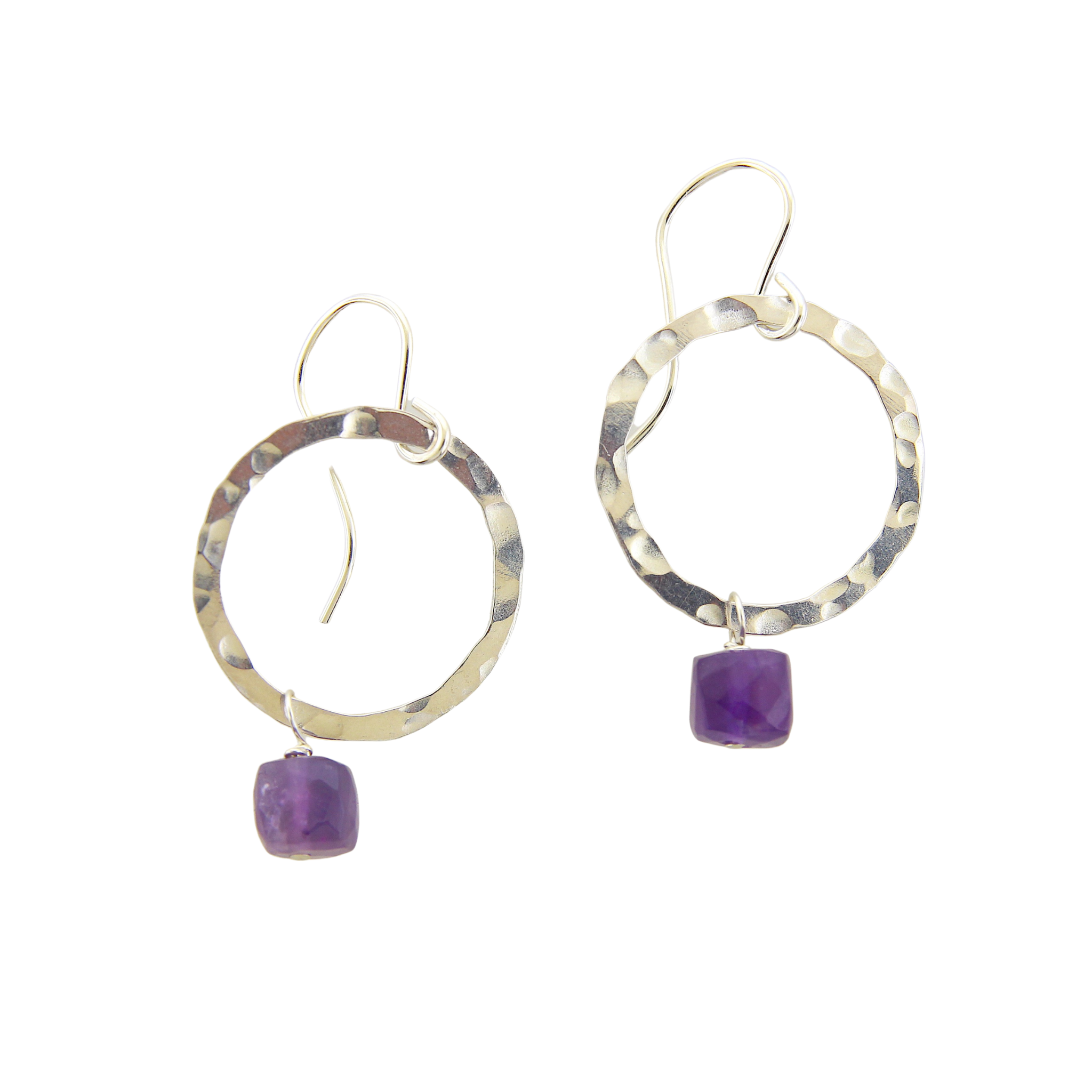 Hammered Silver Circle Earrings - Amethyst Small