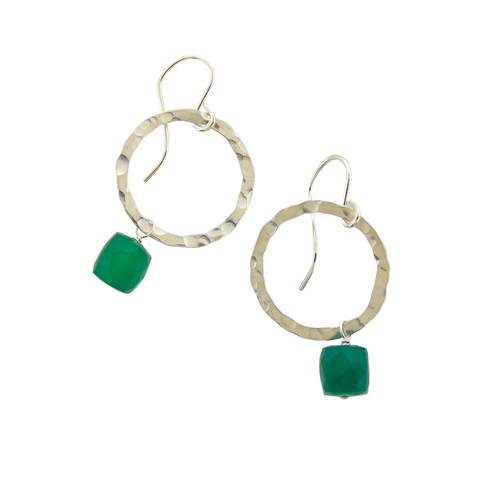 Hammered Silver Circle Earrings - Green Onyx