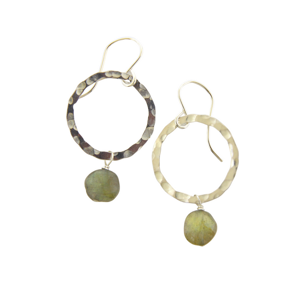 Hammered Silver Circle Earrings - Labradorite Coins