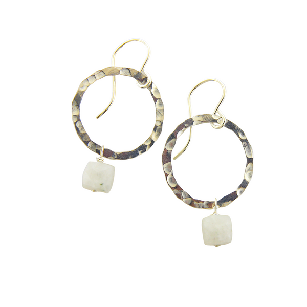 Hammered Silver Circle Earrings - Moonstone Small
