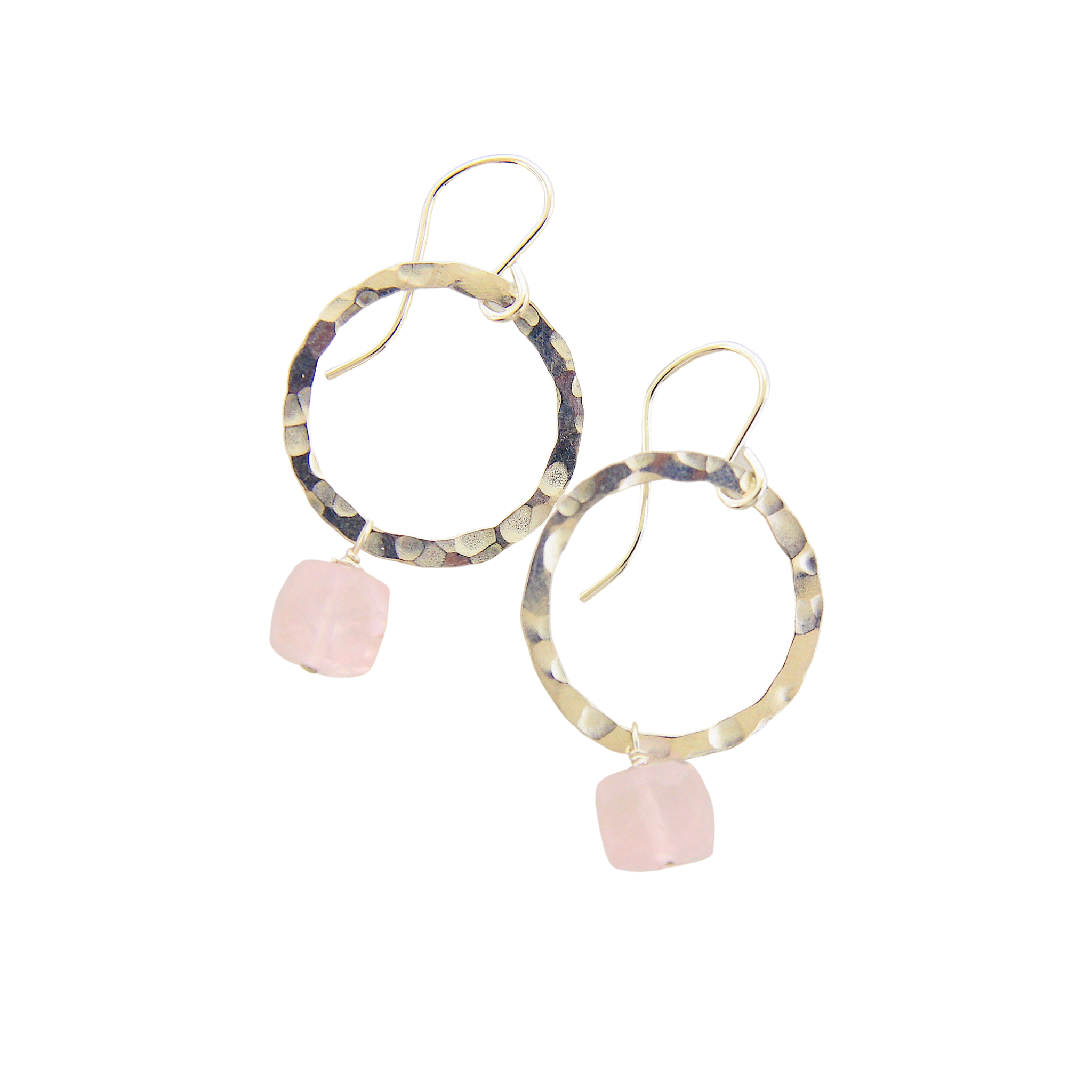 Hammered Silver Circle Earrings - Medium Rose Quartz